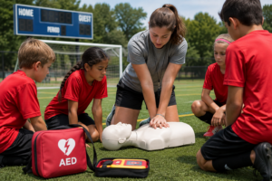 Youth sports coach demonstrating CPR on a manikin with young athletes and an AED on the field.