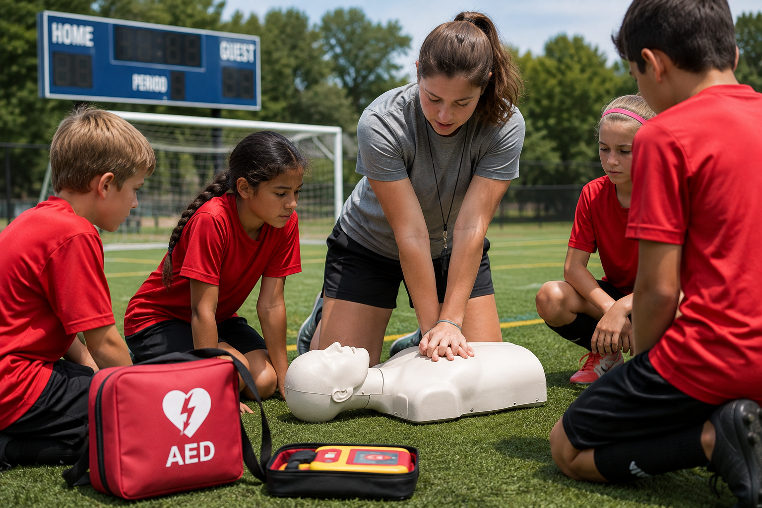 Youth sports coach demonstrating CPR on a manikin with young athletes and an AED on the field.