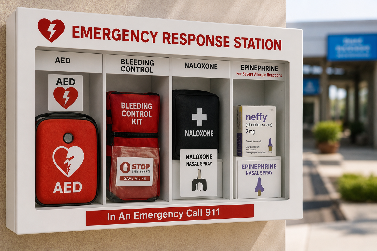 Public emergency response station with an AED, bleeding control kit, naloxone, and epinephrine nasal spray for lifesaving emergencies.