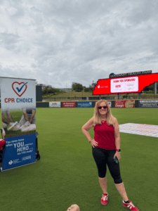 Cheryl Smith on the field at Covenant Health Park for CPR Choice